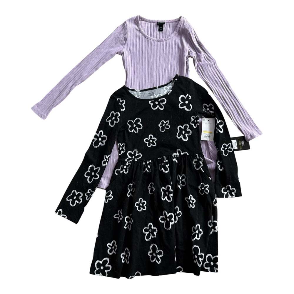 Lot of 2 Girls Long Sleeve Dresses: Jumping Beans Black Floral Dress and Art Cla